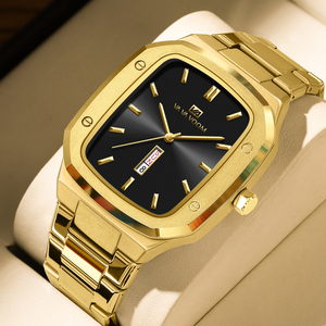 Fashion Gold Tone Men's Wristwatch Unique Square <b>Case</b> Dual Date Display Business Casual Watch - Product Image 1