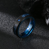 Bague en tungstène pour homme en fibre de carbone bleue avec motif de dragon noir incrusté de 8 mm de large