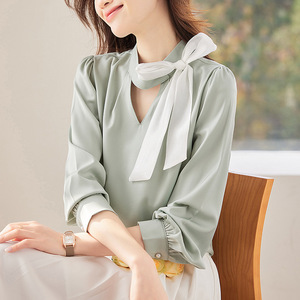 French Style Satin Bow Neck Lantern Sleeve Long Sleeve Shirt For Women Spring Autumn 2025 Korean Sweet Elegant Chiffon Blouse - Product Image 1