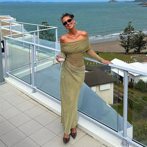 Nuovo Abito Lungo <span class=keywords><strong>da</strong></span> Donna Sexy in Rete Trasparente con Cut-out, Spalle Scoperte, Maniche Lunghe e Dettagli Arricciati, Vestito Aderente per Ospiti di <span class=keywords><strong>Matrimonio</strong></span> e Feste - Product Image 1