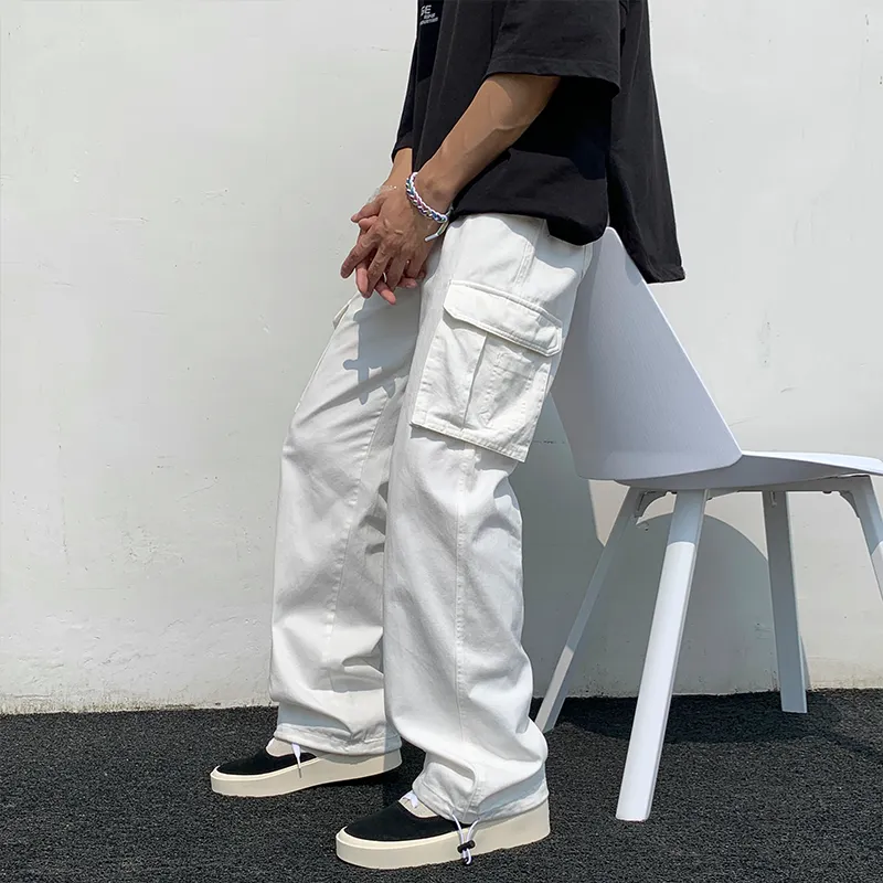 Black/white Casual Pants Men's Fashion Loose Straight Wide Leg Pants Men Streetwear Hip-hop Pocket Cargo Pants Mens Trousers