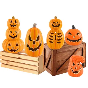 Lanterna pré-iluminada laranja para Halloween, adereço de Halloween, abóbora LED para decoração de festas e doces