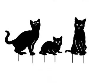 금속 고양이 장식 정원 스테이크 3 팩 검은 고양이 실루엣 마당 스테이크 정원 봄 장식 야외 동상 반사 - Product Image 1