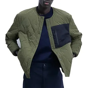 Custom men winter button front closure warm army green padded quilted down jacket with contrast front pocket