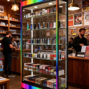 Vitrine <span class=keywords><strong>en</strong></span> verre pour salon avec éclairage LED de base coloré, idéale pour les produits de boutiques de tabac - Product Image 4