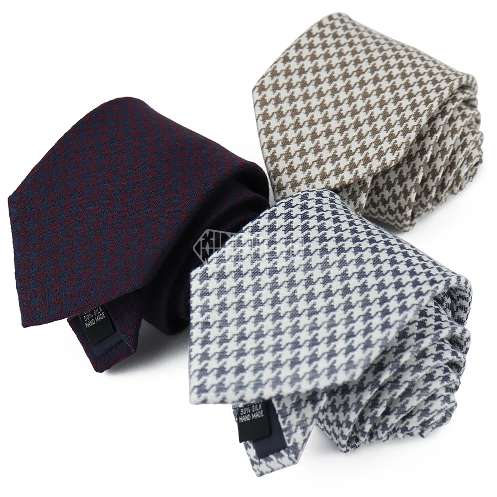 Gravata de pescoço grosso com estampa de Borgonha, gravata de lã de seda branca geométrica para homens, gravata Houndstooth