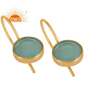 Boucles d'oreilles pendantes rondes en calcédoine aqua pour femme, plaquées or jaune, en argent, avec crochet, fournisseur de boucles d'oreilles de créateur - Product Image 2