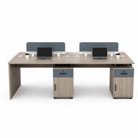 Estación de Trabajo Modular Contemporánea para 4 Personas, Escritorio con Pantalla de Privacidad Azul Gris, Cajón con Cerradura, Tirador Horizontal, Armario, Organizador de Cables