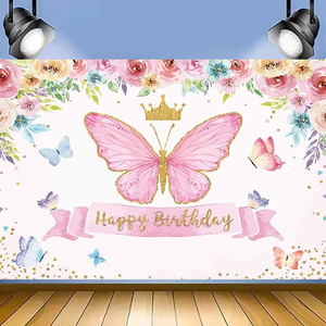Toile de fond photographique sur le thème des anniversaires, <span class=keywords><strong>papillon</strong></span>, rose, couronne de fleurs, pour décoration de fête d'anniversaire de princesse féerique - Product Image 5