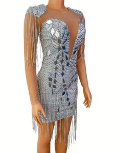 Vestido de fiesta de lentejuelas de cristal plateado con escote en V profundo, para mujer, fiesta de boda, baile latino, ceñido al cuerpo - Product Image 4