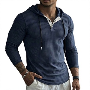 <b>Men's</b> Ribbed Hooded Sweatshirt Long Sleeve <b>Henley</b> Pullover Solid Color Casual Fitness <b>Top</b> - Product Image 2