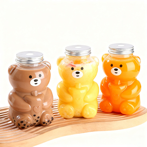 Wholesale Disposable PET Juice <b>Bear</b> <b>Bottles</b> Cute Customized Shape Boba Tea <b>Bottle</b> Cup Aluminum Lid Screen Printing Cold Beverage - Product Image 1