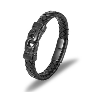 3-Layer Braided Black <b>Leather</b> <b>Bracelet</b> With Stainless Steel Magnetic Clasp & Charm | Men's Fashion Jewelry - Product Image 6