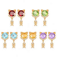 SPJ Wholesale S925 Sterling Silver Natural Topaz Cat Fishbone Necklace Stud Earrings Jewelry Set Cute Cat Lover Gift for Women
