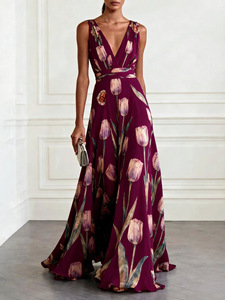 Robe longue sans manches pour femme, imprimé tulipes, col en V, en mousseline, décontractée, taille naturelle, écologique - Product Image 3