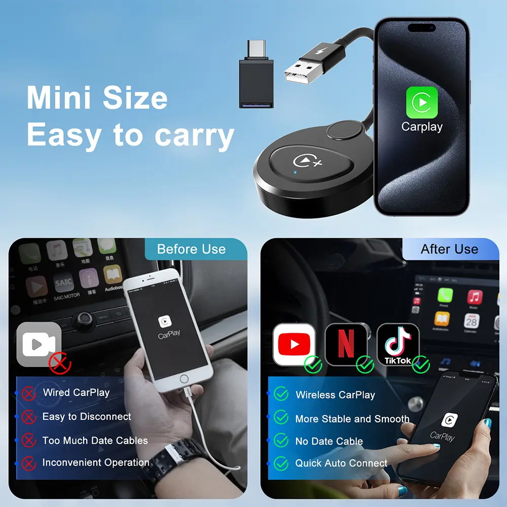 Carplay Wireless Adapter with Youtube Netflix Tiktok Wireless Apple Carplay Video Dongle Converter Wired Carplay to Wireless