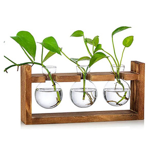 HOT Glass Planter Plants Terrarium With Wooden <b>Stand</b> for Hydroponics Tablektop Round Shape Bulb Vase Flower <b>Pots</b> - Product Image 1