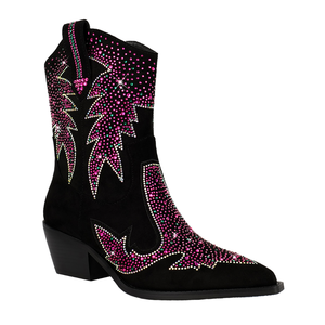 Botas Vaqueras de Mujer con Punta en Pico, Tacón Cuadrado, Cierre de Cremallera, Adornadas con Pedrería Negra, para Otoño - Product Image 2