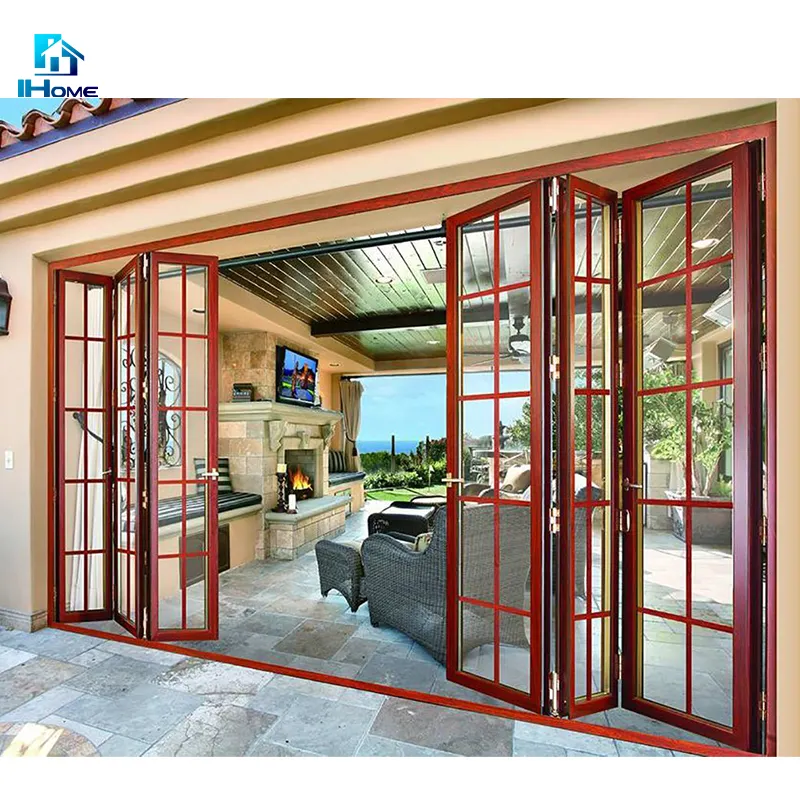 Porta in vetro pieghevole a impatto di uragano in legno massello rivestito in alluminio Bi porte pieghevoli