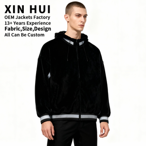 Custom Logo Winter Leather Oversized Velvet Fleece Hoodie <b>Men's</b> Streetwear Reflective Striped Zip <b>Jacket</b> Heavyweight Loose Fit - Product Image 2