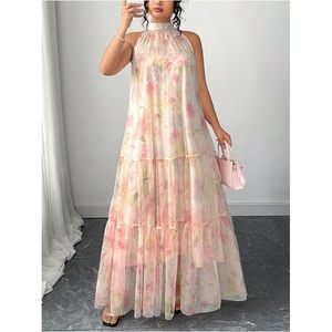 Vestido Maxi Floral para Mujer, Cuello Halter, Gasa, Corte A, Cintura Imperio, Capa Transparente, Vestido de Verano para Vacaciones, Estilo Bohemio - Product Image 5