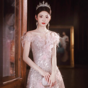 Off-The-Shoulder Sequined Evening Gown Empire Waistline 3D Stereoscopic Patterns For Coming-Of-Age Ceremony - Product Image 3