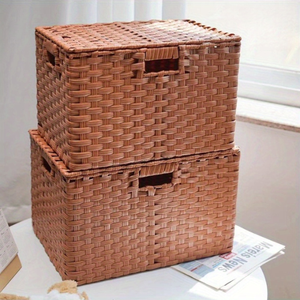 Cesta de Almacenamiento Tejida de Ratán Plástico Rectangular Moderna y Ecológica, con Asa, Apilable, Organizador de Almacenamiento para el Hogar - Product Image 2