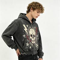 Sweat à capuche zippé gris délavé effet vieilli, style streetwear, avec motif tête de mort, pour homme et unisexe, lot en gros