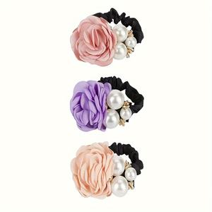 Perle rose de mode coréenne sertie de chouchous fleur à bord brûlé à haute élasticité en diamant - Product Image 4