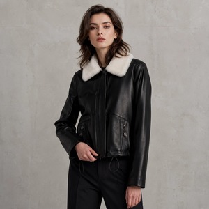 Nuova <span class=keywords><strong>Giacca</strong></span> in Pelle Imbottita con Collo in Pelliccia di Visone Naturale per Autunno e Inverno, Piumino Corto <span class=keywords><strong>Oversize</strong></span> da <span class=keywords><strong>Donna</strong></span> con Orlo Annodabile in Vita - Product Image 1