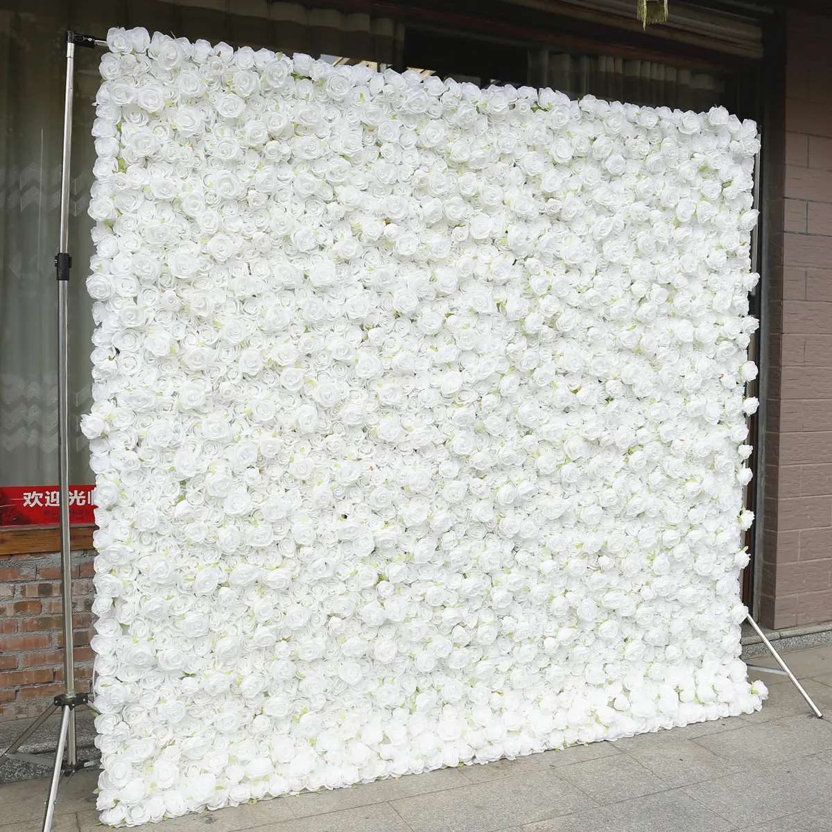 Tecido 3D personalizado Rolling Up Cortina Flower Wall Mats Eventos Decoração Flores Backdrops Silk White Flower Wall