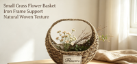 Panier à herbe fabriqué en usine 12x9,5xH29cm avec poignée et doublure en PVC, demi-lune, couleur naturelle, pour les fêtes