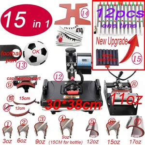 Machine d'impression 15 en 1 combinée, 15 pièces, 2D, transfert de chaleur Plate pour casquette, tasse, t-shirt, chaussures, assiettes, stylos, boules