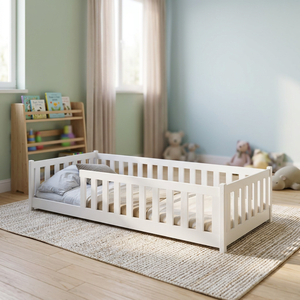 Pindel Handicraft Modern White Pine Wooden <b>Platform</b> <b>Bed</b> Twin Size Solid Wood <b>Frame</b> Kids Floor <b>Bed</b> Safety Rails Scandinavian - Product Image 4