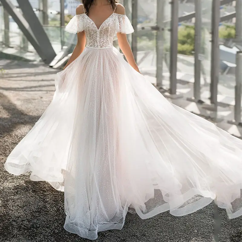 Phổ biến công chúa Wedding Gown v-cổ Dây Một Vai Ren Wedding Dresses đối với phụ nữ đuôi nhỏ Bridal gown