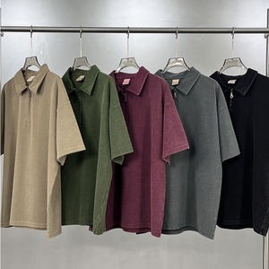 T-shirt unisexe en coton 100% respirant à manches courtes en maille gaufrée pour homme, couleur unie, base de t-shirt, tricot à demi-zip - Product Image 2