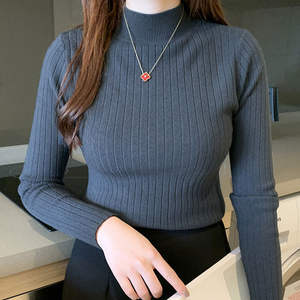 Solid Color Breathable Cheap Spring Winter Half High Neck <b>Long</b> <b>Sleeve</b> White <b>Black</b> Rib Woman Ladies Knit <b>Top</b> Female Sweaters - Product Image 5