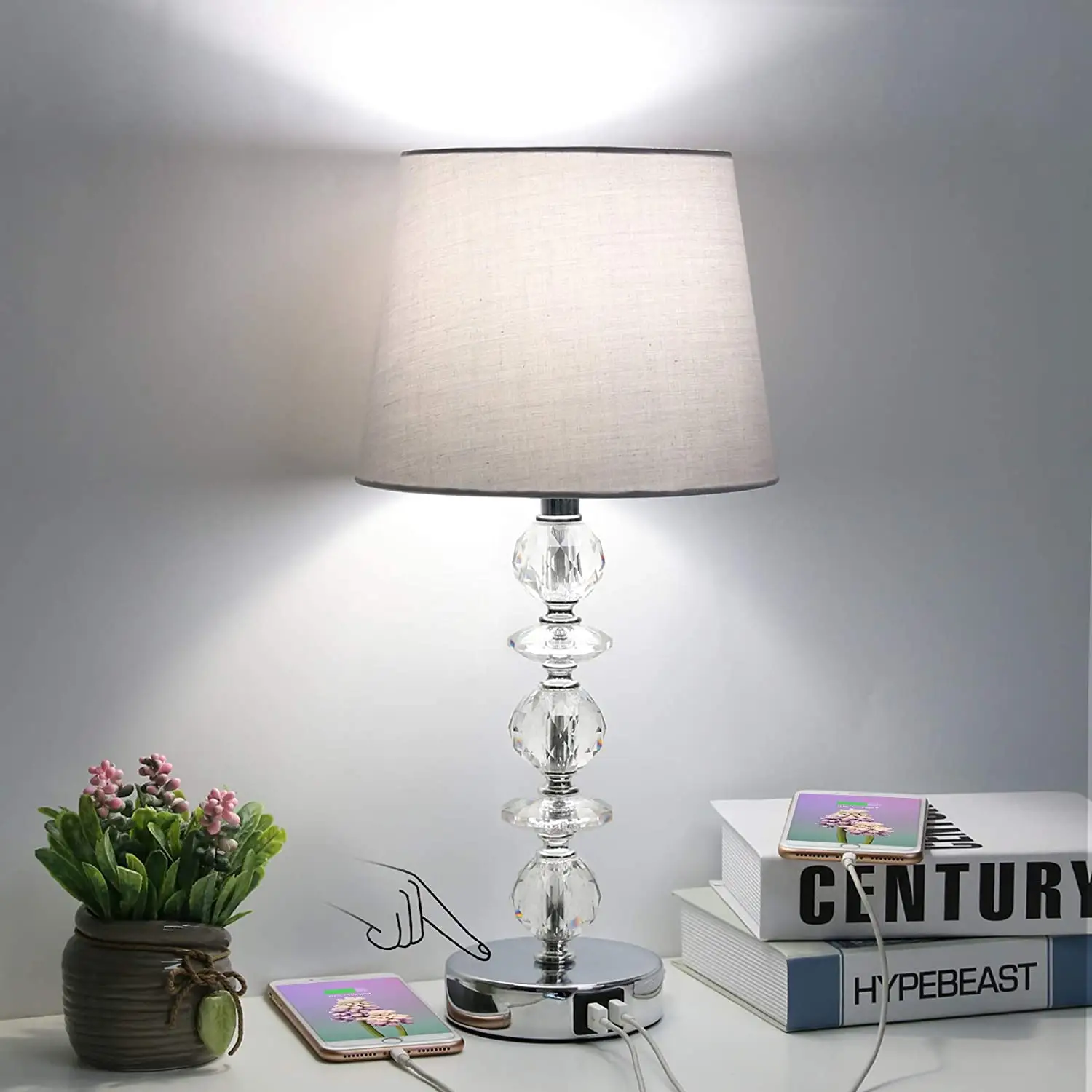 Touch Control Crystal Table Lamp with Dual USB Ports Modern Bedside Light with Gray Shade