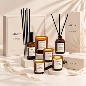Aikun - Juego de Regalo de Difusores de Aroma para el Hogar en Caja Beige con Varios Frascos de Vidrio Ámbar, con Servicio de Etiqueta Privada OEM ODM - Product Image 1