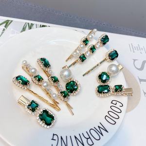 5 Stuks Set Vintage Prinses Meisjes Haar Accessoire Bling Crystal Diamond Steen Parel Haarspelden Green Emerald Haar Clips Met Kristallen - Product Image 2