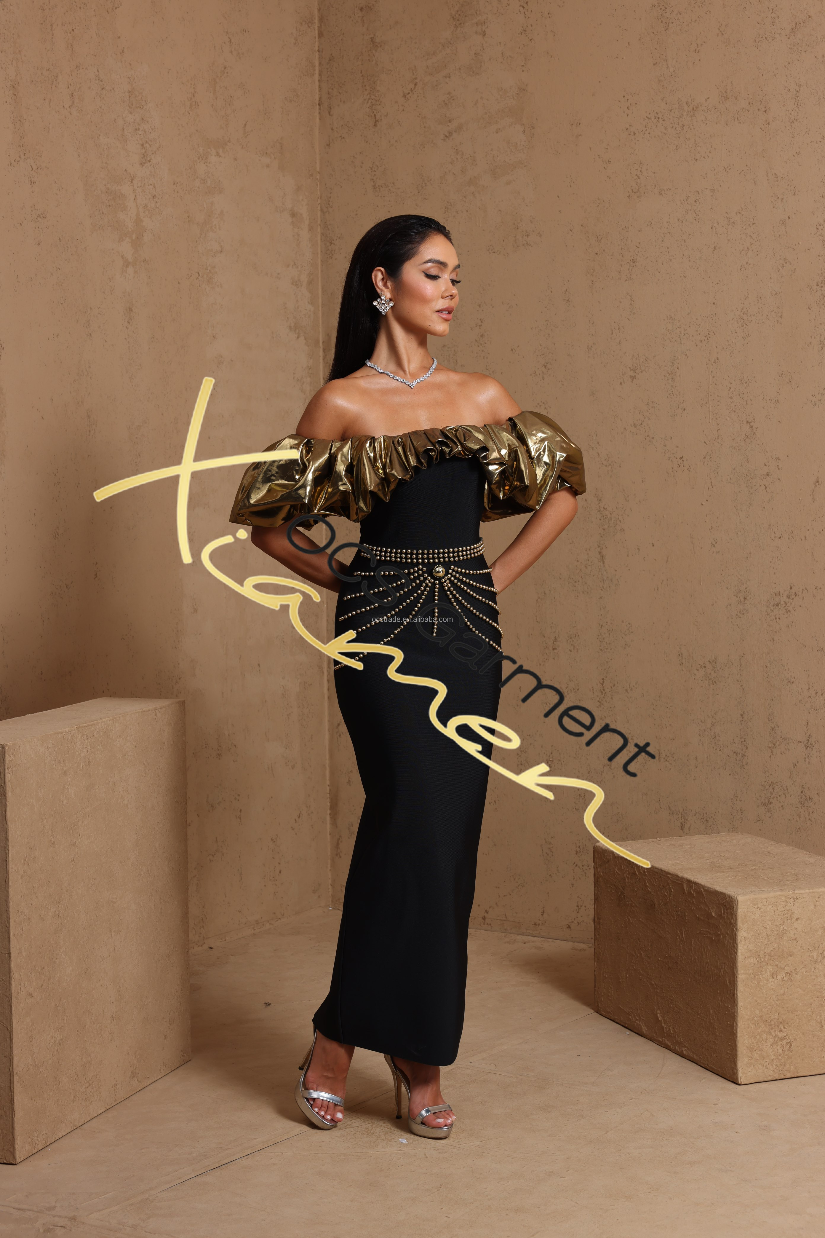 birthday bandage dress Ocstrade Black Off-shoulder A-line Maxi Dress With Crystal Beading