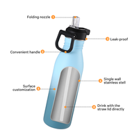 Everich Bouteille d'eau colorée en acier inoxydable de 16 oz à paroi unique pour enfants avec couvercle de poignée de buse