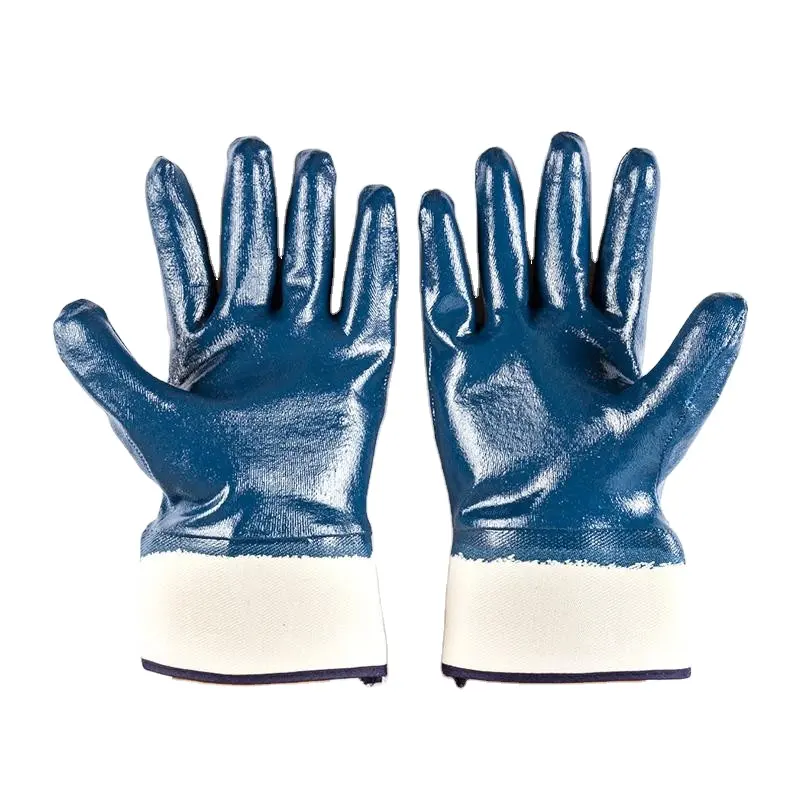 Sarung tangan industri bahan kimia tahan minyak katun jersey lapis keselamatan manset biru nitril dilapisi sarung tangan kerja