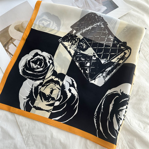 Sciarpa in Seta 100% Vera di Qualità per Donne, Foulard Personalizzato con Stampa Floreale, Sciarpa per Capelli, <span class=keywords><strong>Bandana</strong></span> con Logo Nero - Product Image 4