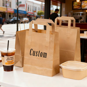 Sacs en papier brun moyen écologiques avec poignées plates pour les plats à emporter, les courses, les achats, les déjeuners, les fêtes et les sacs cadeaux - Product Image 1