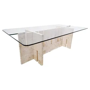 Hot Seller Luxury Rectangular Marble Glass Top Dining Table Modern Italian Dining Table Travertine and Glass