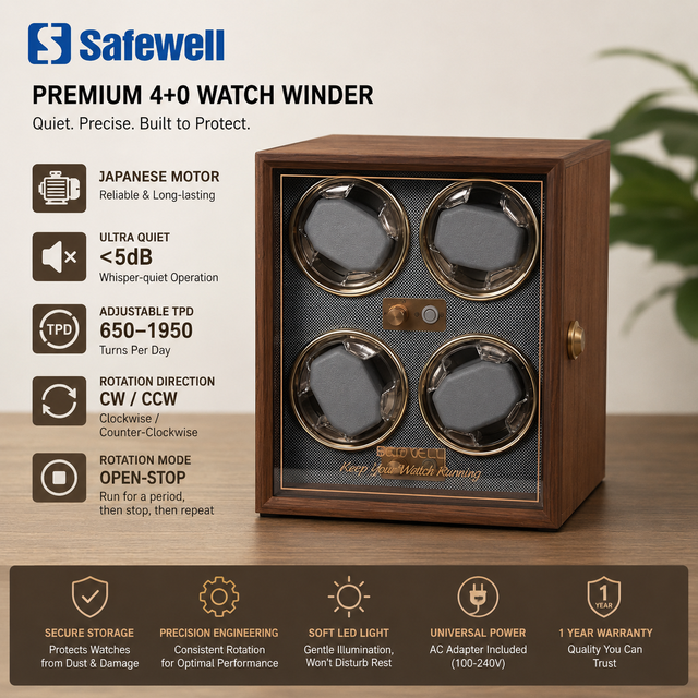 Safewell 4 Slot Automatic Watch Winder Box with Japanese Silent Motor Adjustable TPD Modes for Mechanical Watches Storage Case