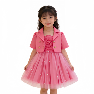 Completo Due Pezzi per <span class=keywords><strong>Bambina</strong></span>: Blazer a Maniche Corte e Abito <span class=keywords><strong>in</strong></span> <span class=keywords><strong>Tulle</strong></span> con Rose 3D, Abbigliamento Casual per Bambine e Ragazze - Product Image 1