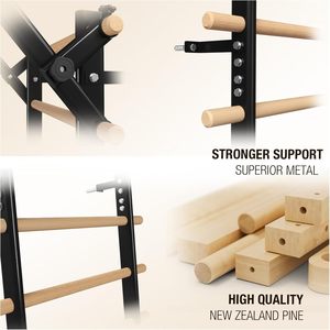 Escalera sueca de alta resistencia - Estructura de acero y peldaños de madera con barra de dominadas para gimnasio en casa |   Entrenamiento Multifuncional para la Parte Superior del Cuerpo - Product Image 4