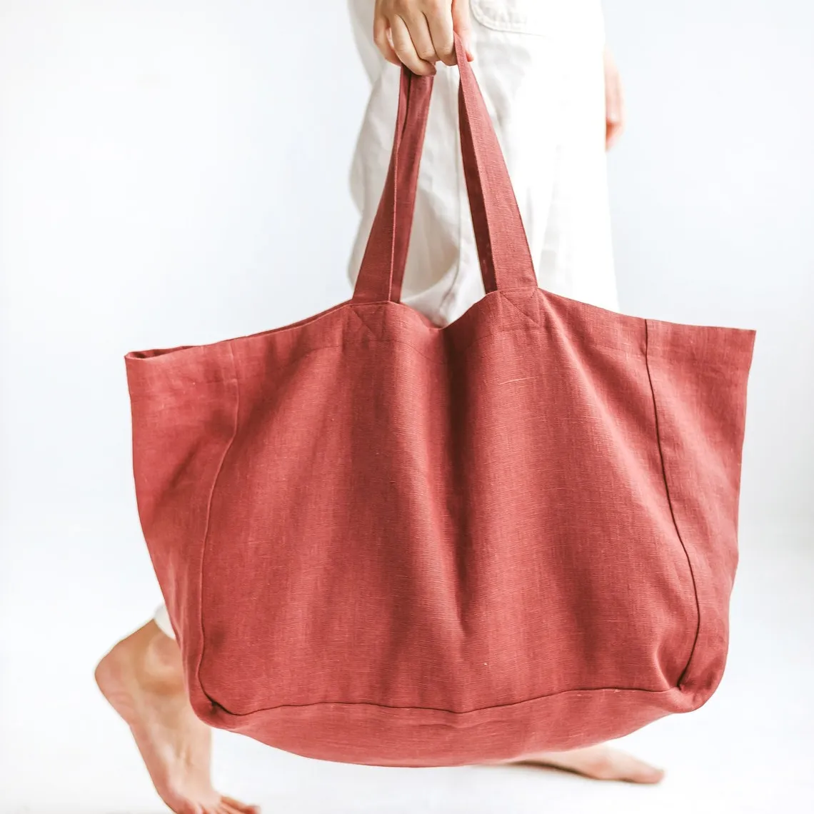 Long Handle Large Custom Shopping Grocery Shopper With Logo Oversized Linen Beach Tote Bag With Lining